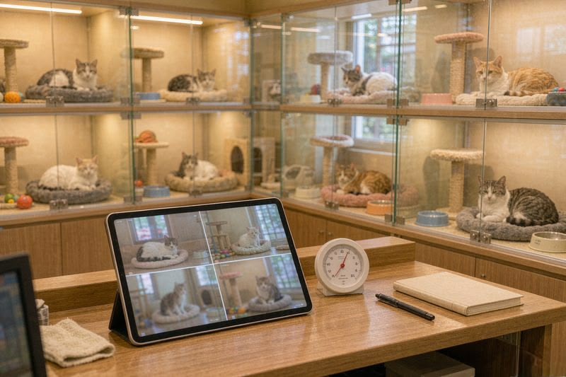 开宁宠物店寄养慢直播管理台实拍：平板多宫格实时查看寄养间画面，温湿度环境监测，三层架构从机位到家长手机分级授权